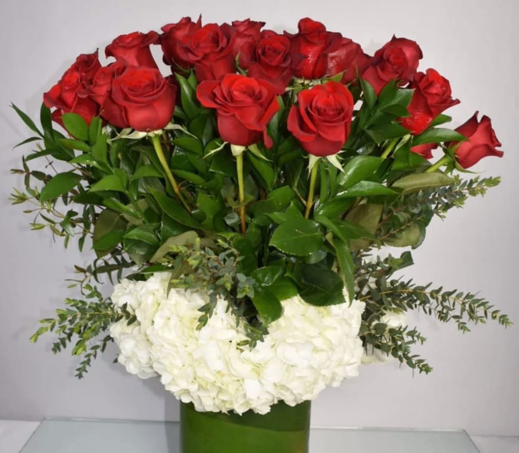 Holiday magic - 2 doz long stem roses with hydrangea in tall vase 