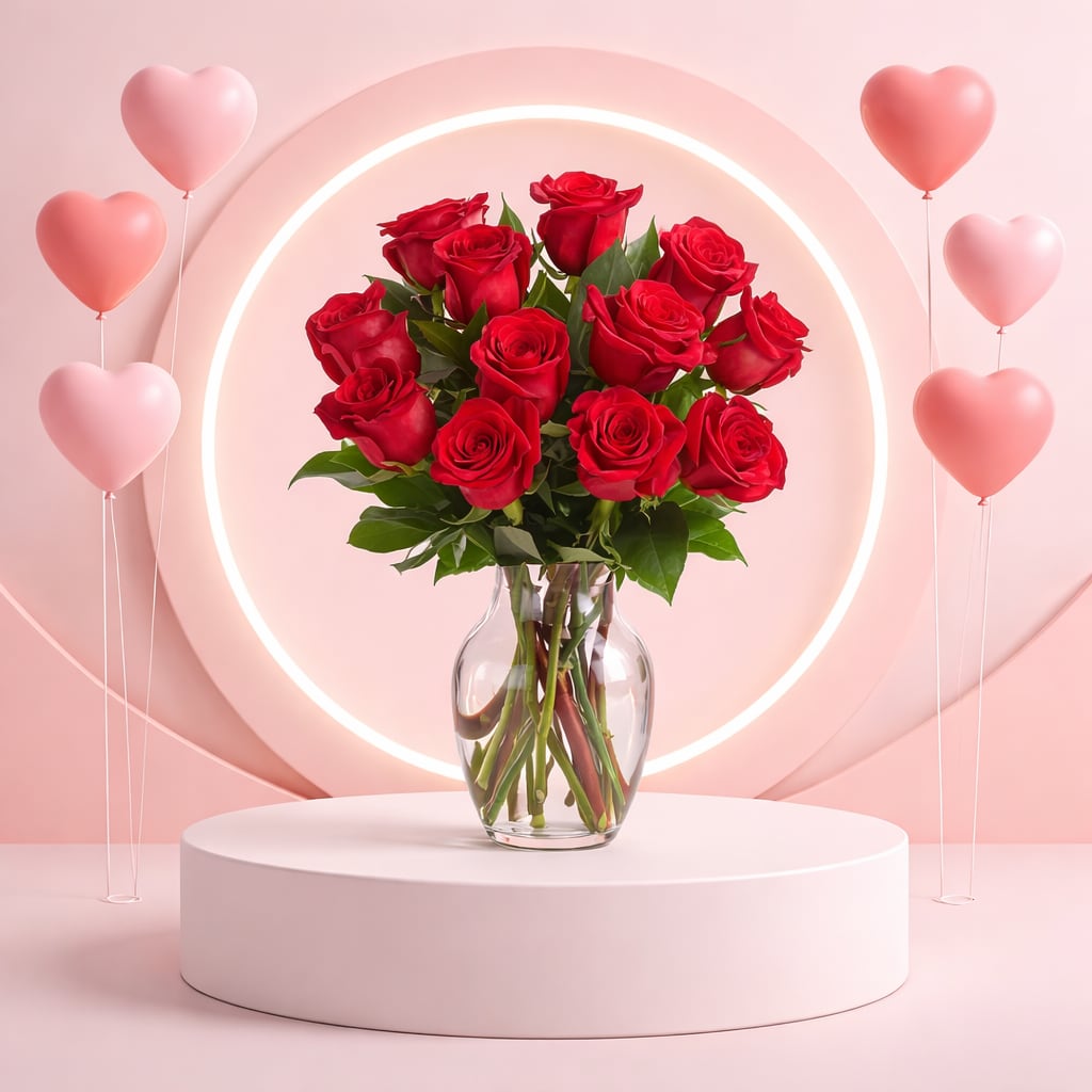 Red roses in a clear glass vase with pink heart balloons around them.