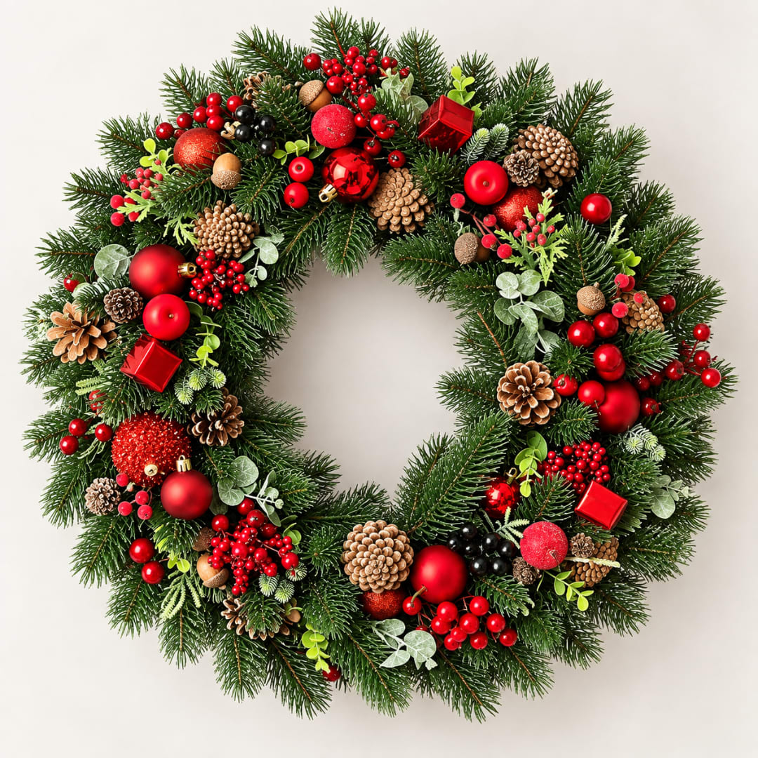 Christmas wreath with pine, red ornaments, berries, and pinecones
