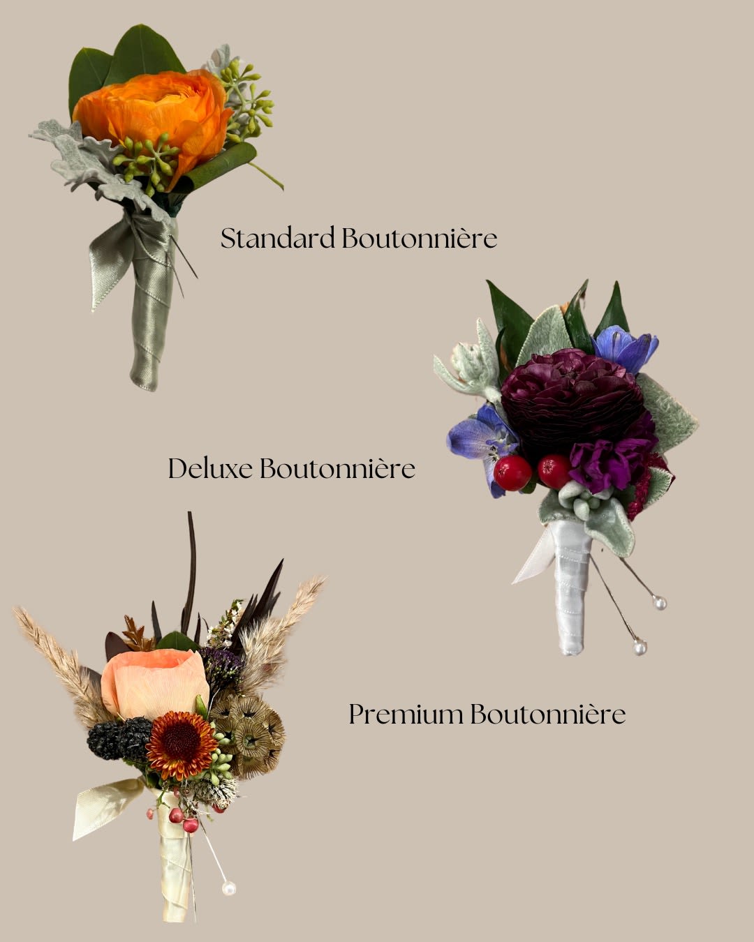Three boutonnières with colorful flowers and ribbon wraps on a beige background
