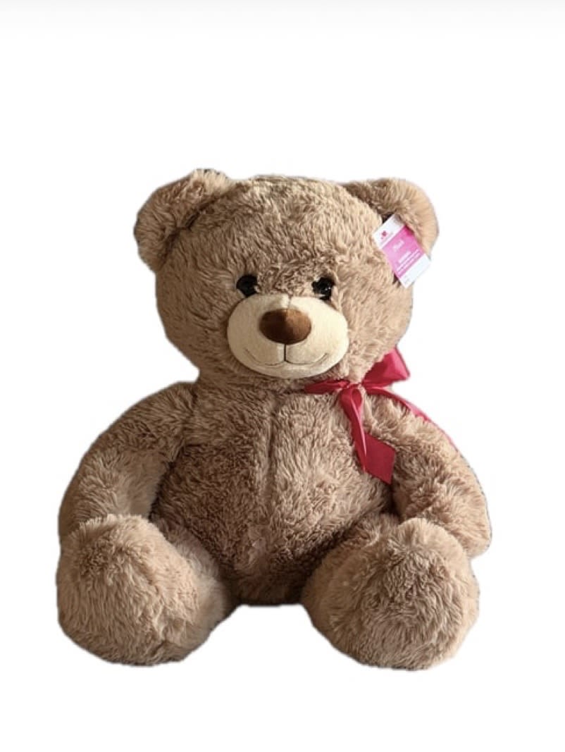 Brown teddy bear with a red ribbon bow