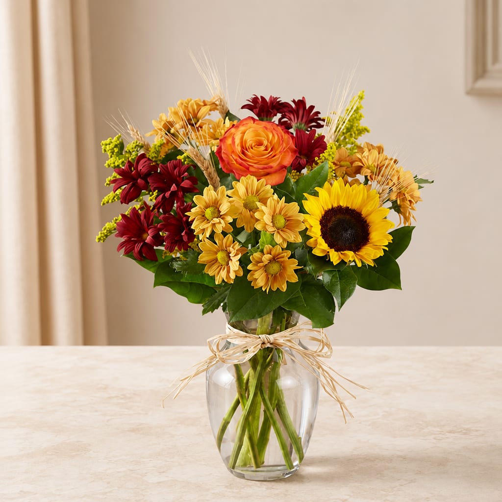 Mixed bouquet with sunflowers, roses, and daisies in a clear glass vase
