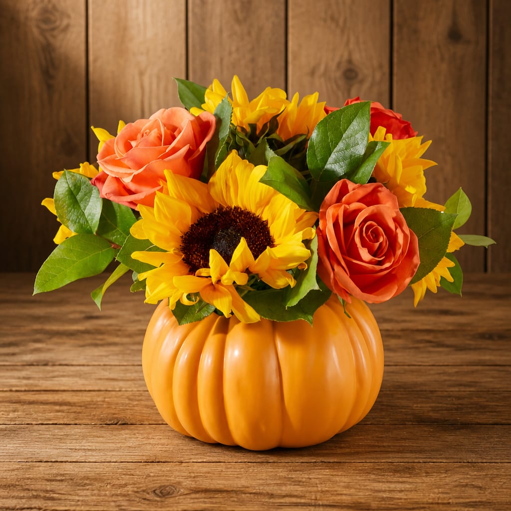 Sunflower and rose arrangement in an orange pumpkin container