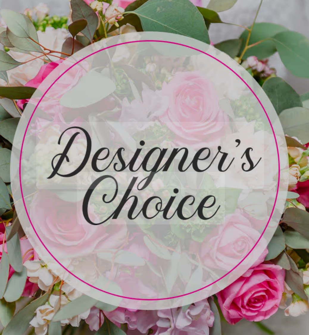 Pink rose bouquet with eucalyptus and a Designer's Choice label