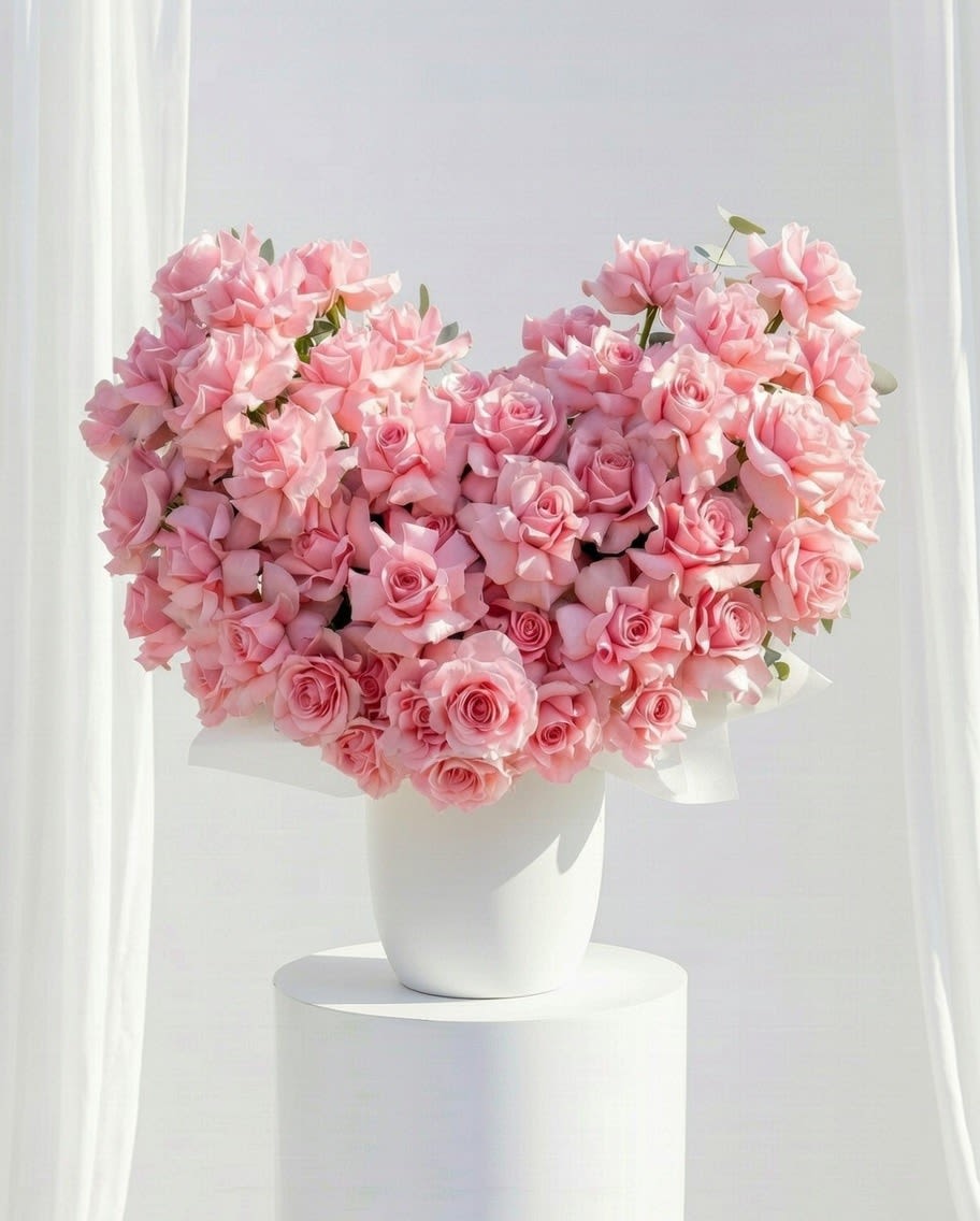 Heart-shaped bouquet of pink roses in a white vase