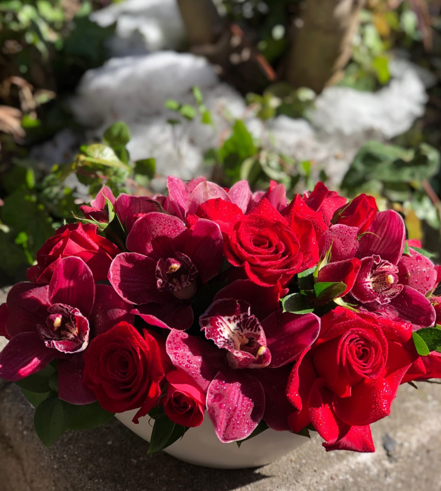Red roses and burgundy orchids arranged in a white bowl