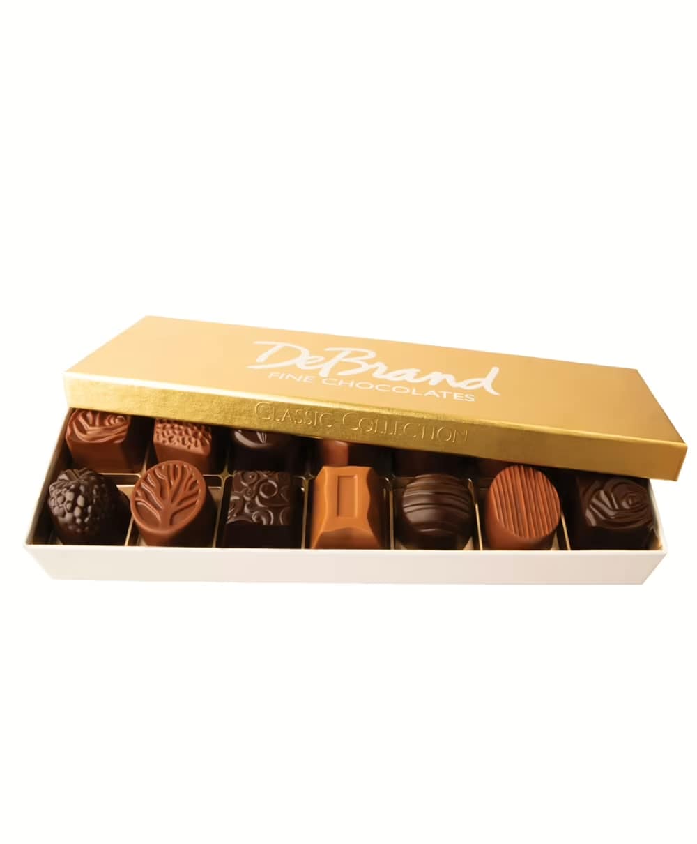 14 Piece Classic Box - DeBrand Fine Chocolates - Timeless favorites make up DeBrand's most popular collection including luscious caramel variations, pure fruit creams bursting with wonderfully intense flavors, as well as other unusual and traditional varieties! *Gluten Free*