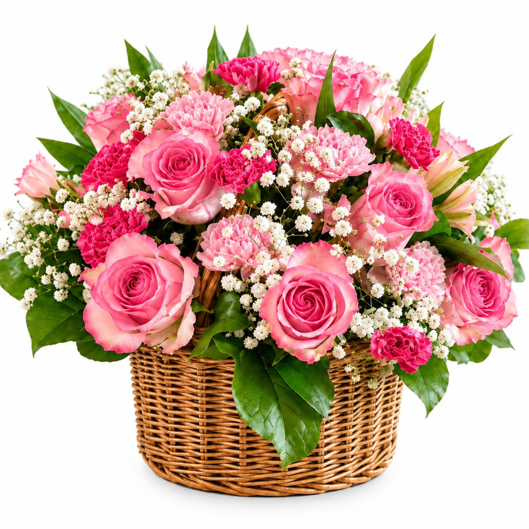 Pink roses and carnations in a wicker basket with baby's breath