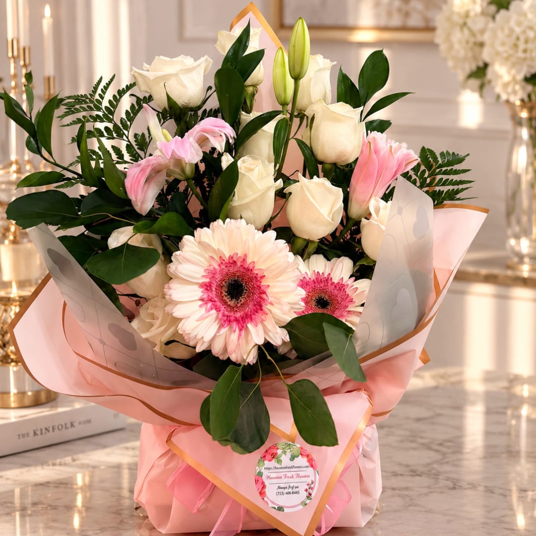 Pink and white bouquet with roses and gerbera daisies wrapped in pink paper