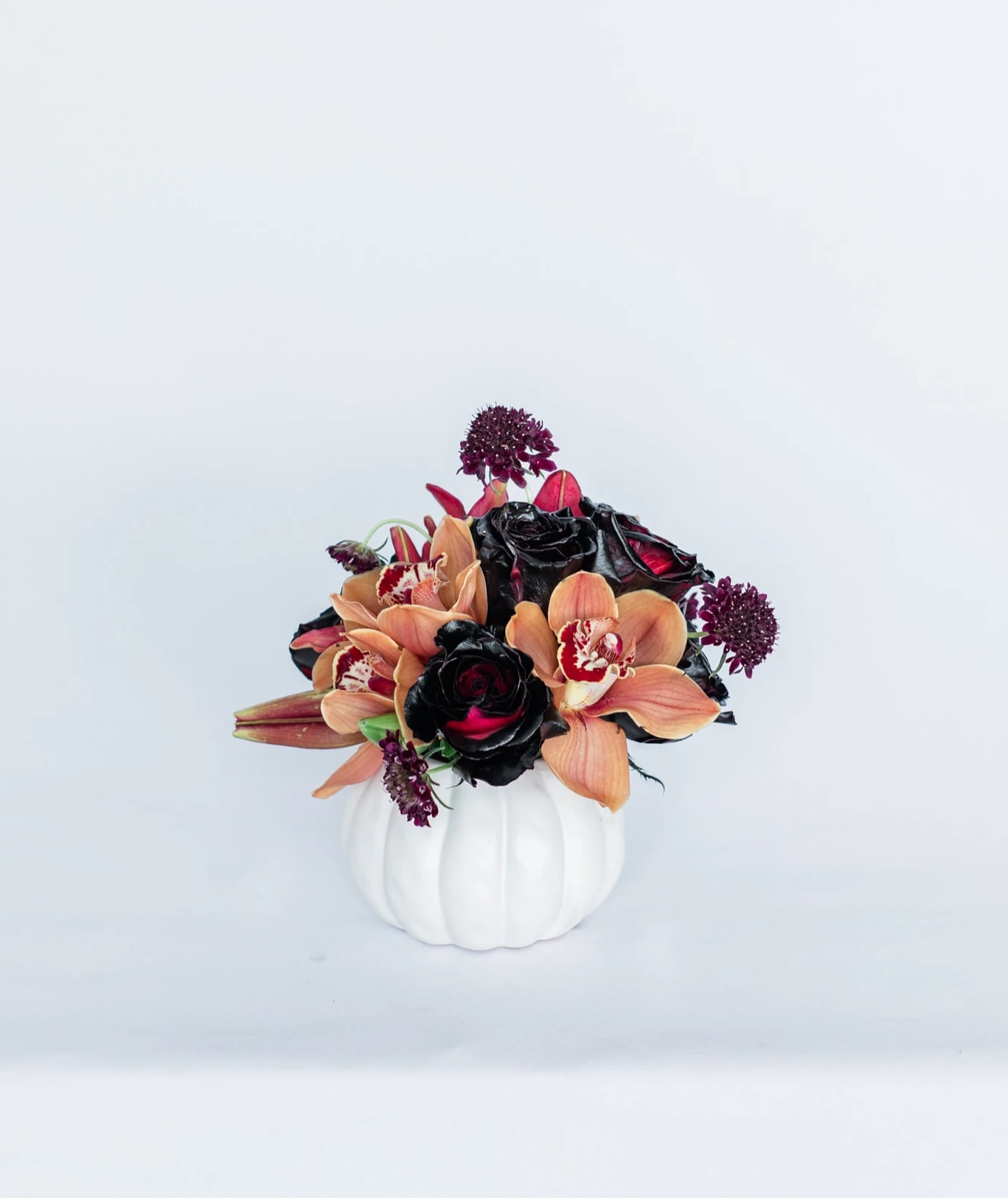 Muertos Heritage - Get in the Spooky Season Spirit with our new Halloween Collection! Inspired by the natural masterpiece of the sky, the Muertos Heritage comes arranged with a mysterious mix of black roses and premium spooky blooms and textures, all eloquently designed in one of our hand-picked designer pumpkin vases.**  Pictured [DELUXE]  *Some items in this arrangement must be special ordered, please allow 1-2 weeks notice to allow time for arrival of special items, otherwise, substitutions will occur.*  **While supplies last. Vase will be substituted with another designer vase once the pumpkin vase is out of stock. Please contact the studio directly for any questions.