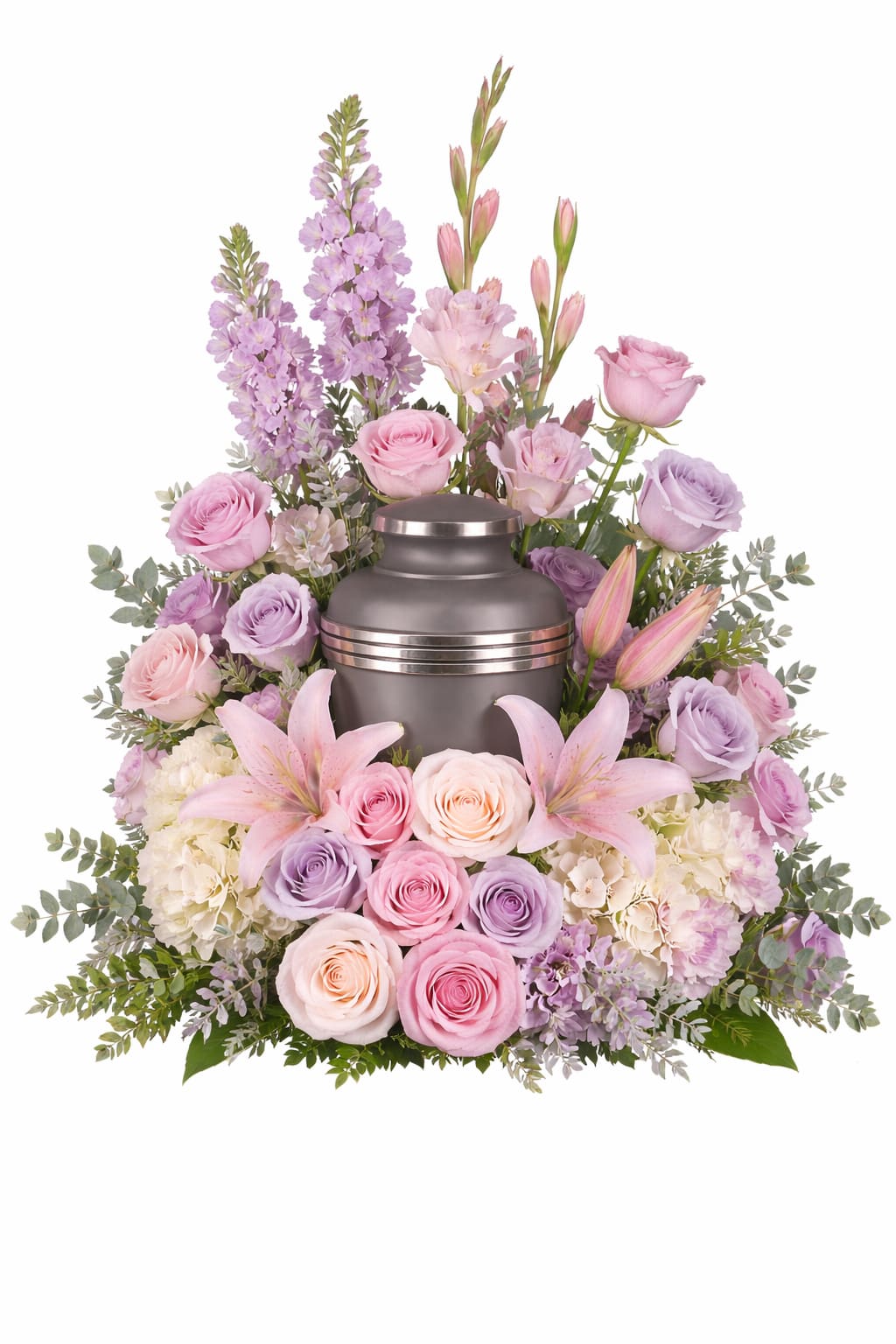 Pastel pink and lavender floral urn arrangement with a metal urn