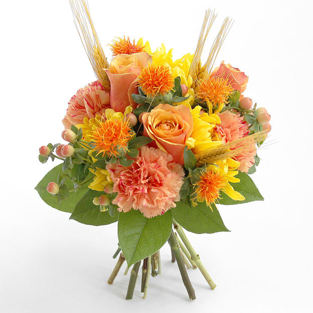 Fall Fun Bouquet - What would autumn be without the chrysanthemum.  This traditional flower of the season is accompanied by the autumnal thistle known as safflower, orange dianthus, hypericum, wheat and salal tips.