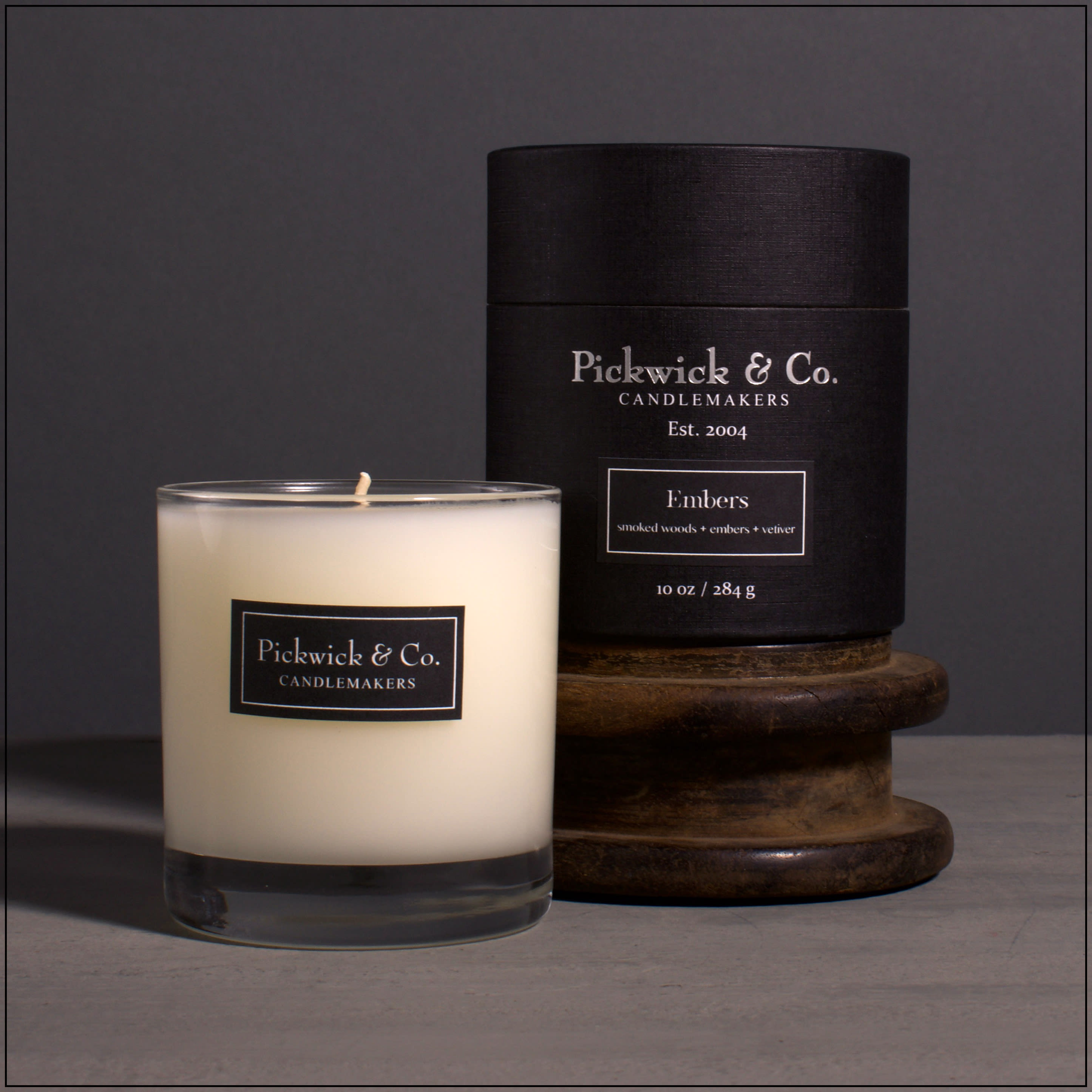 Pickwick Candles- Embers - Just like a fireplace - the warm, earthy aromas of smoked woods and dying embers mingle with a subtle hint of vetiver.  10oz Jar Candle. Local Company.