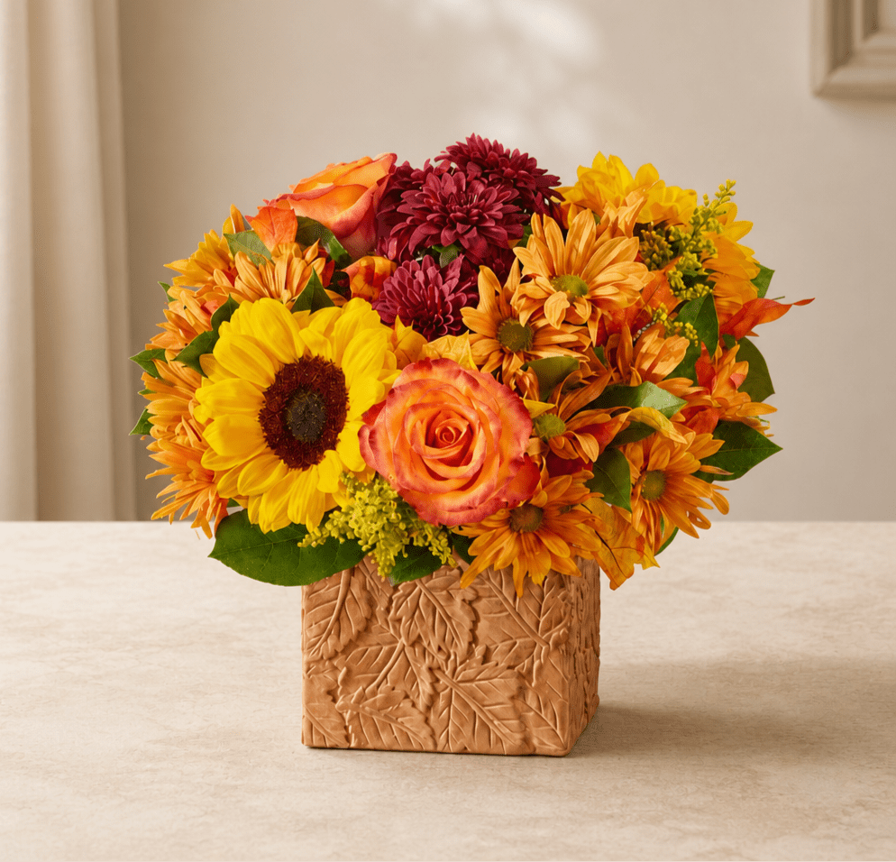 Mixed bouquet of sunflowers, roses, and mums in a carved square vase