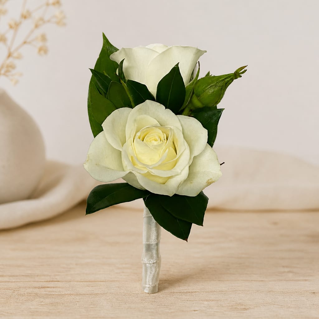 White rose boutonniere with dark green leaves and a wrapped stem