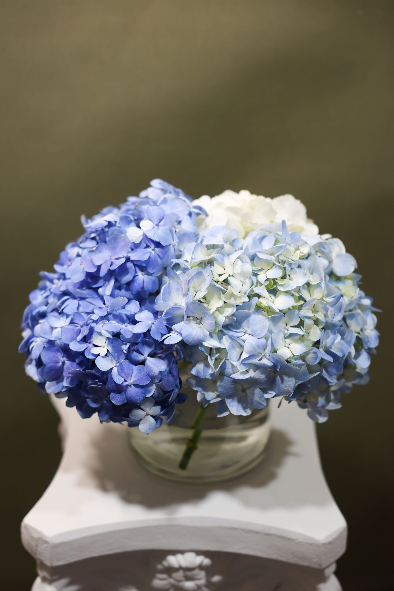 Blue and white hydrangeas arranged in a clear glass vase
