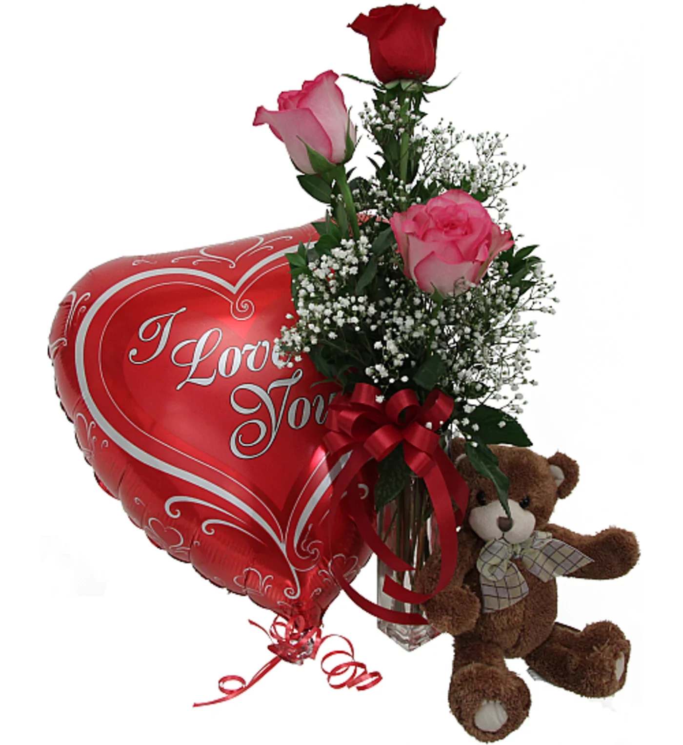 Roses in a vase with a heart balloon and teddy bear