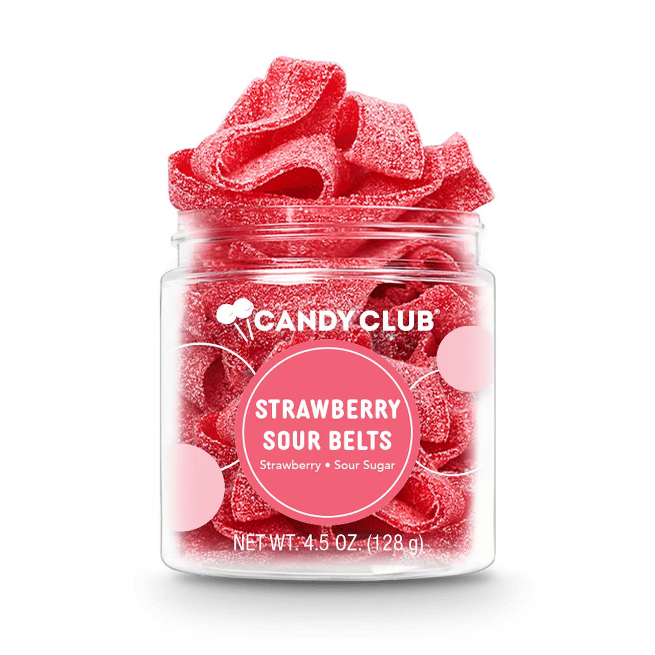 Candy Club Strawberry Sour Belts - You will love the aroma of freshly picked strawberry in these lightly sugar sanded candy belts. Just enough sour to make your lips pucker and the right amount of sweet to make you want more!  ALLERGENS: Contains wheat. Processed in a facility that handles dairy, soy, egg, peanut, tree nut (almond, pecan, and brazil nut), and wheat products.