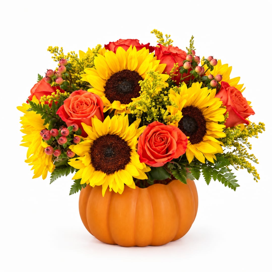 Sunflowers and orange roses arranged in a pumpkin container