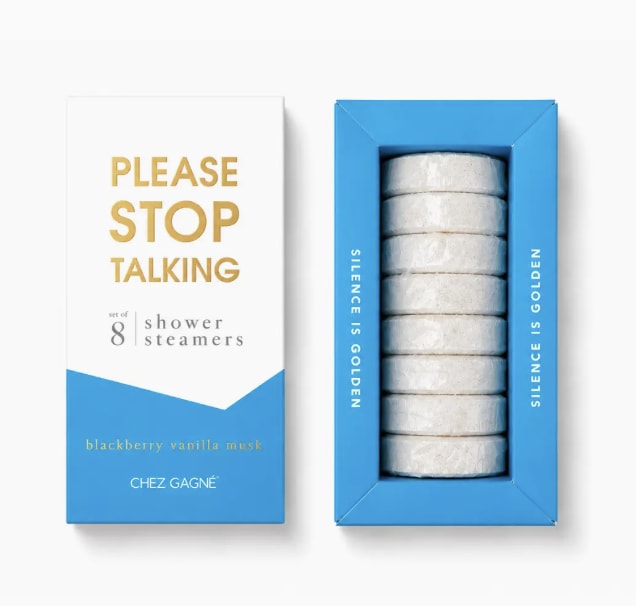 Boxed set of shower steamers with white and blue packaging