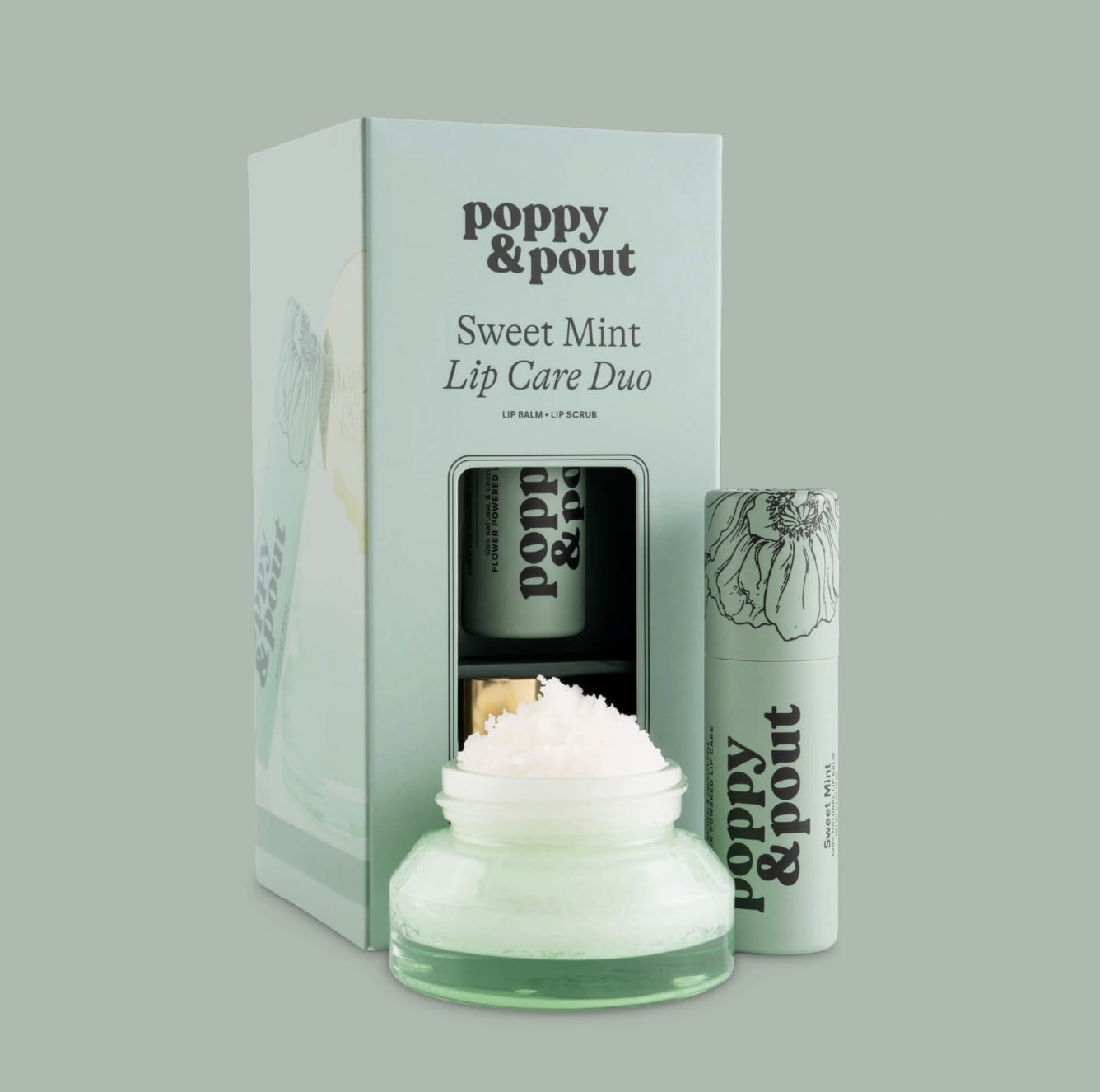 Mint-colored lip care duo box with balm, scrub, and jar