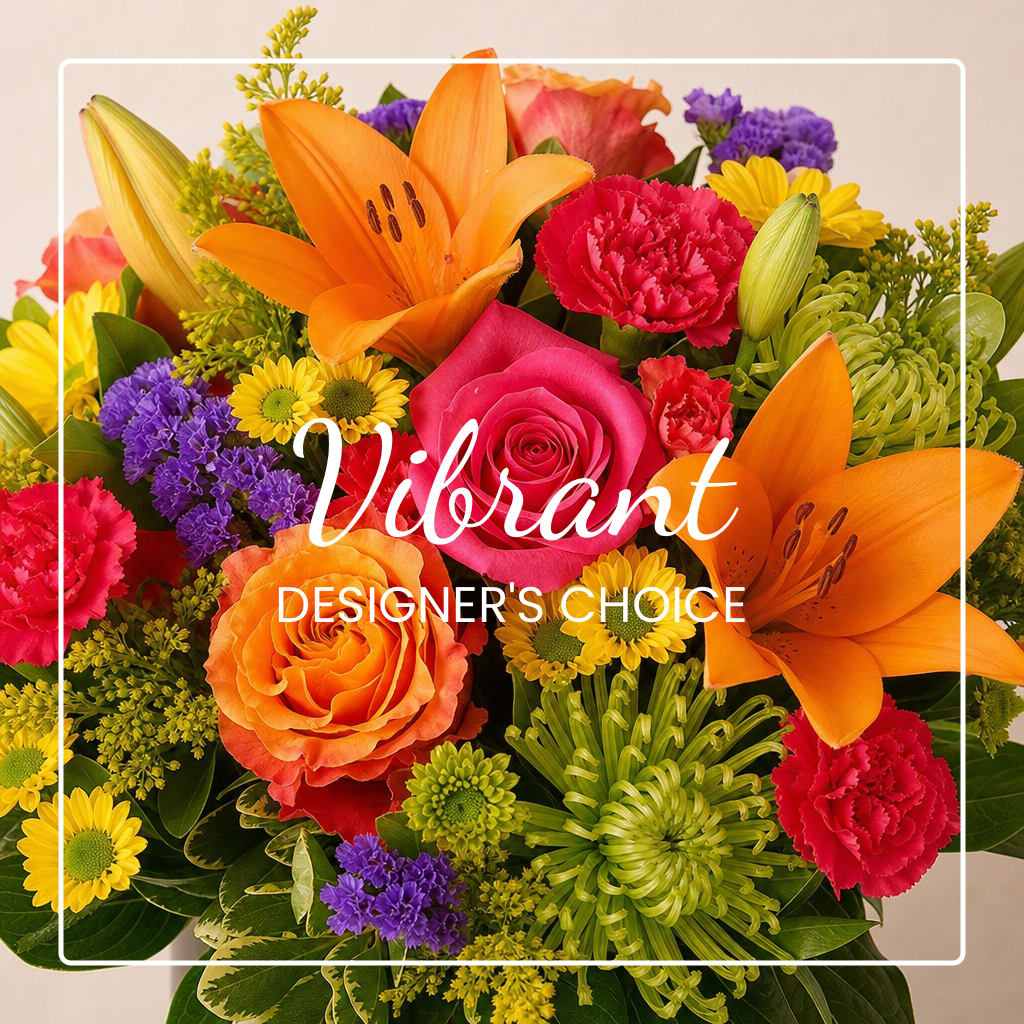 Bright mixed bouquet with orange lilies, pink roses, and colorful mums