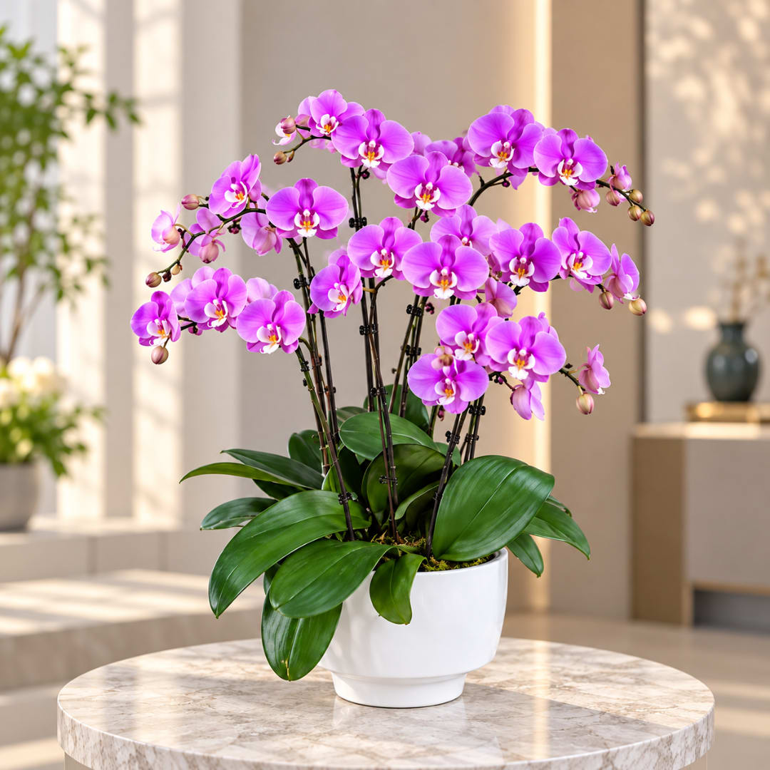 Purple orchids in a white pot on a round table