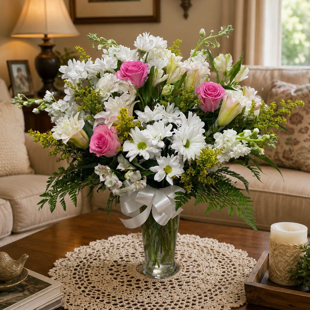 Pink roses and white daisies in a clear glass vase with a white ribbon