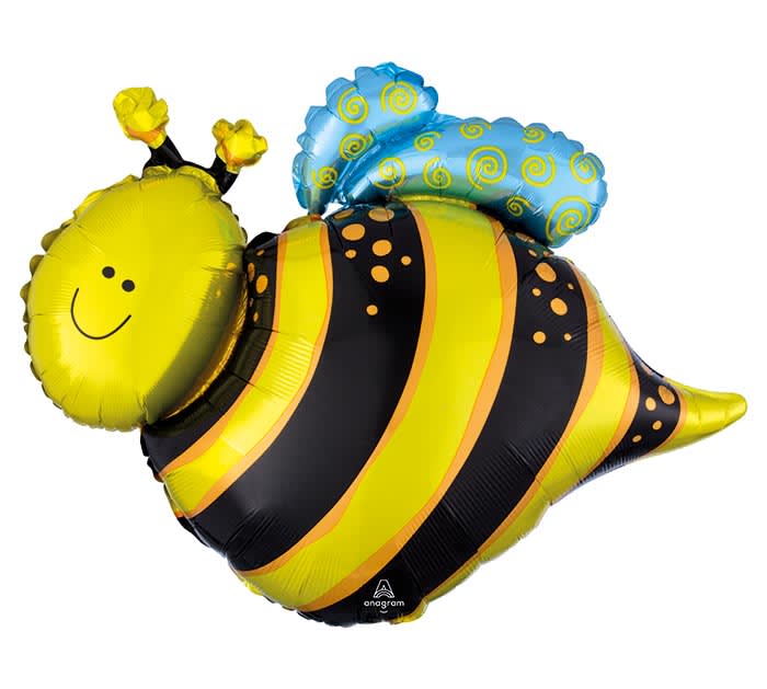 Bee-shaped foil balloon with a smiling face and blue wings