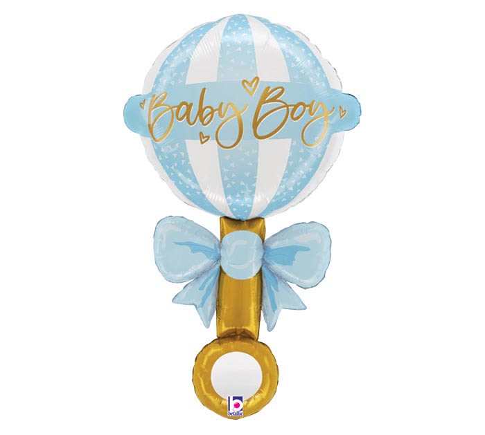 Blue and gold baby boy balloon arrangement with a bow