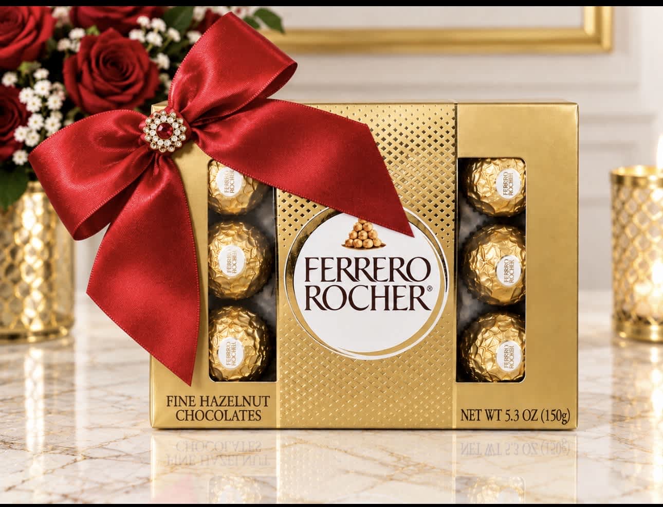 Ferrero Rocher chocolate gift box with a red bow and chocolates visible through windows