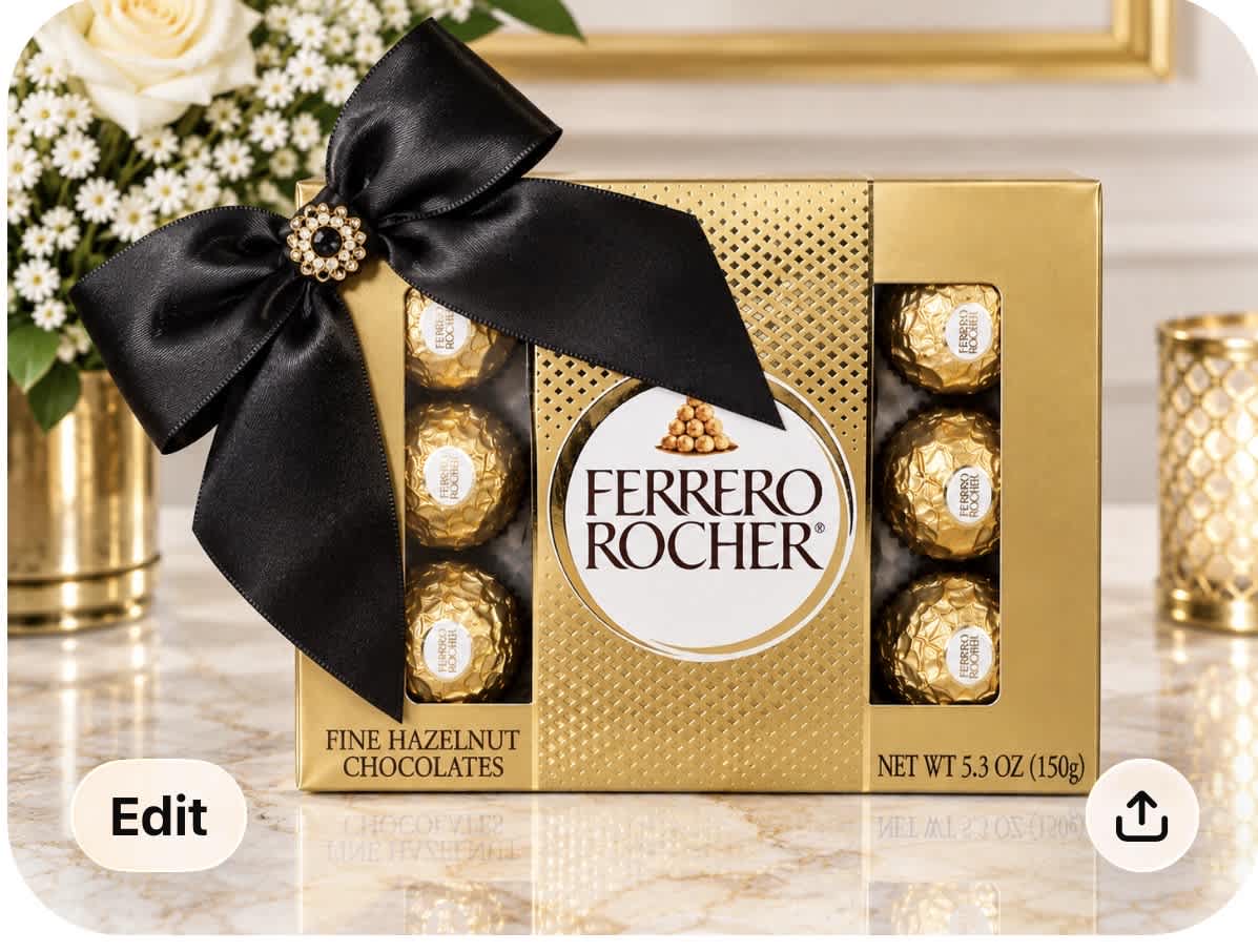 Ferrero Rocher chocolate gift box with a black ribbon bow
