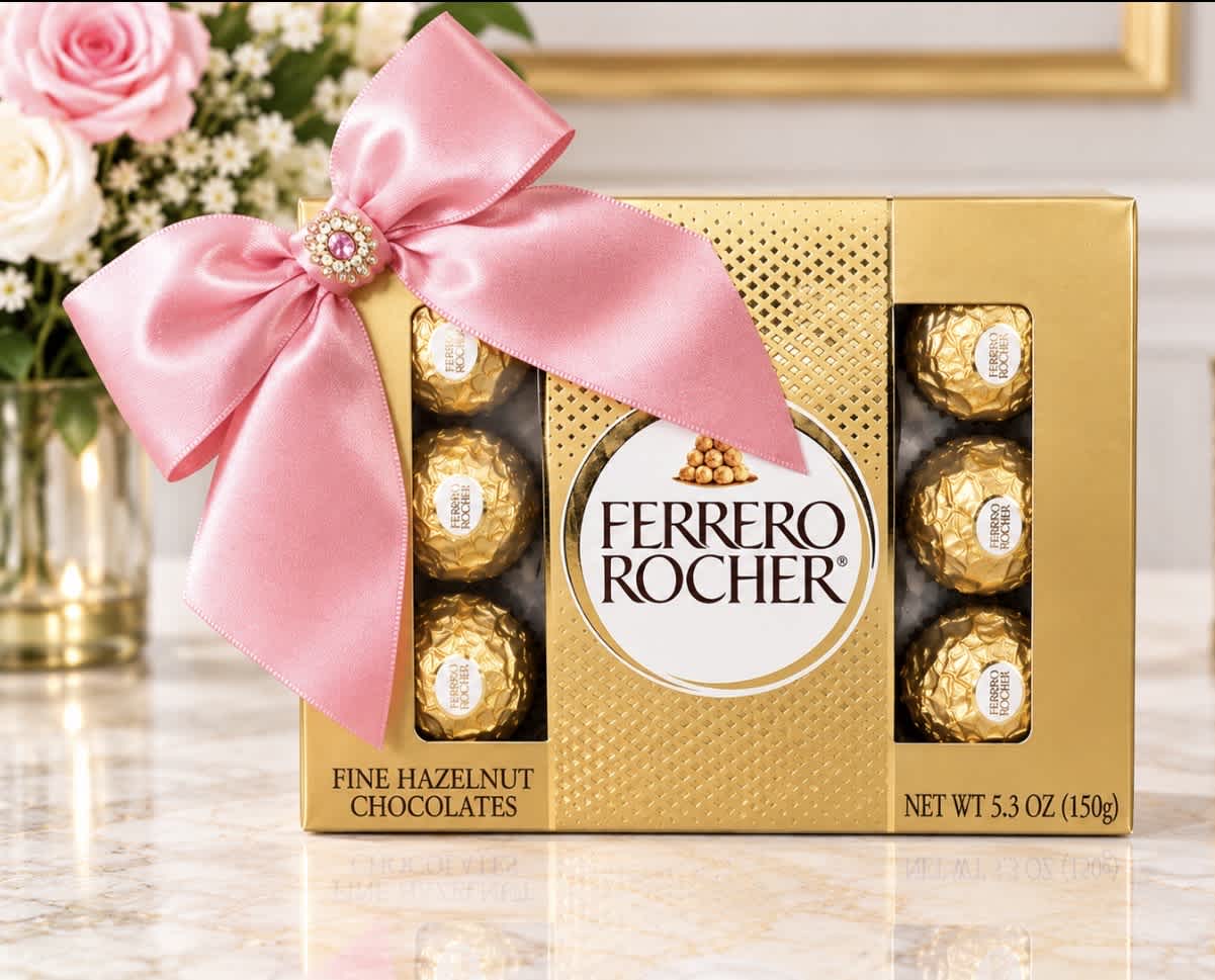 Ferrero Rocher chocolate box with a pink ribbon and flowers in the background