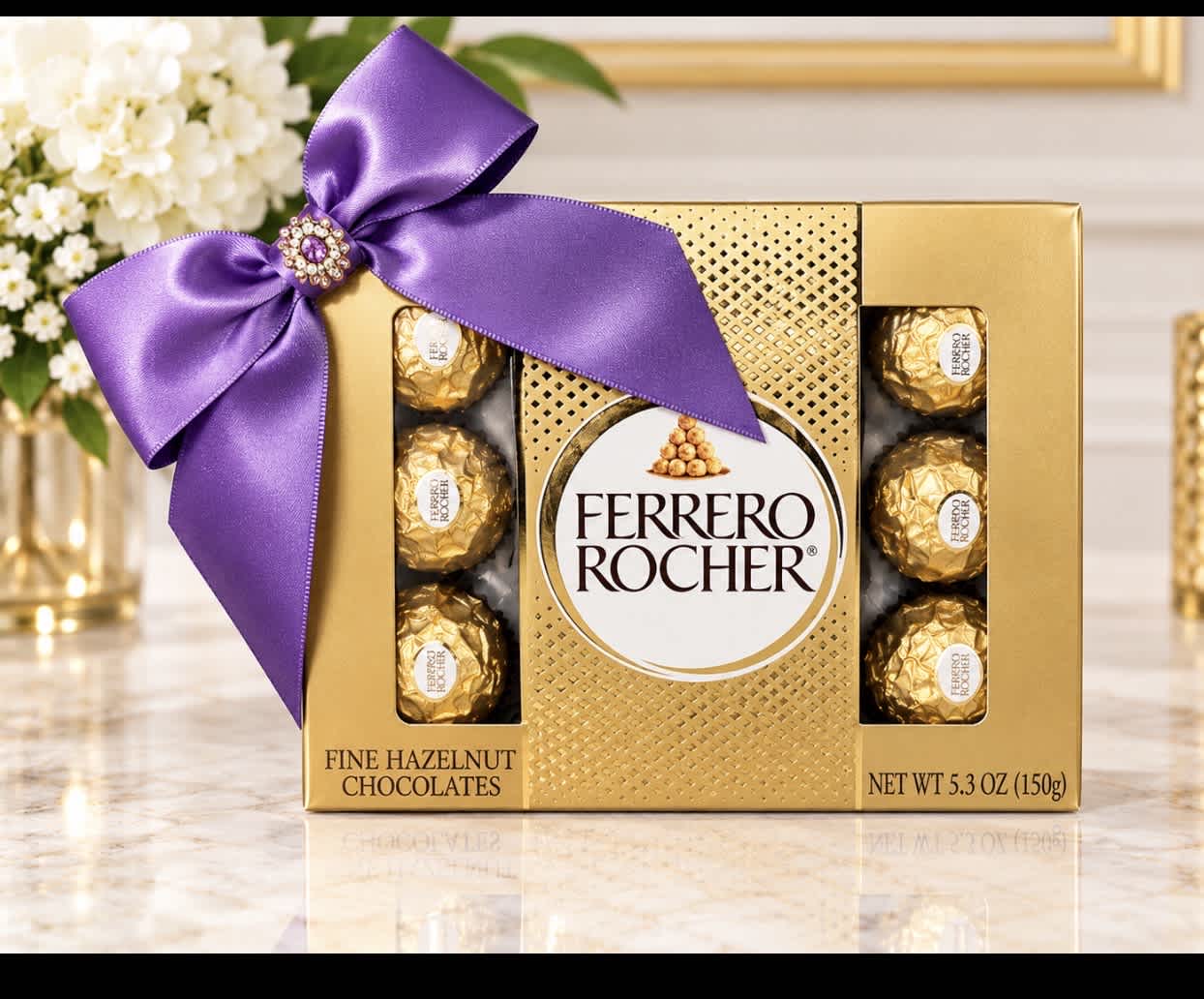 Ferrero Rocher chocolate gift box with a purple ribbon and bow