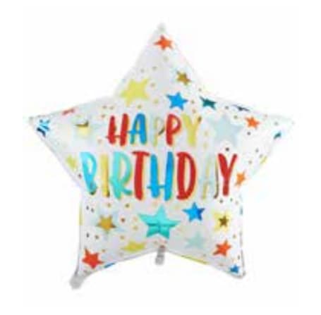 Star-shaped birthday balloon with colorful text and stars