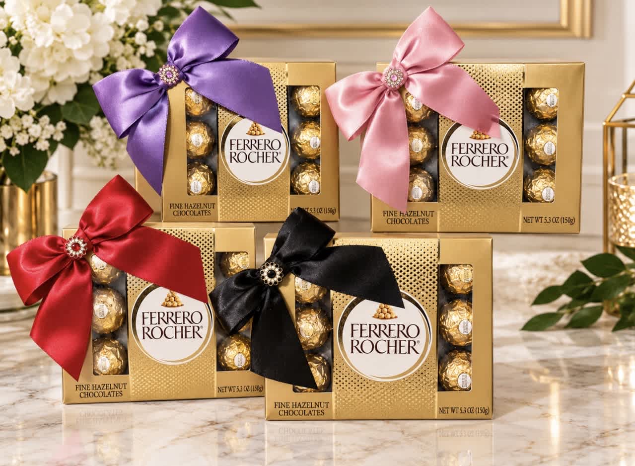 Ferrero Rocher chocolate gift boxes with satin bows in purple, pink, red, and black
