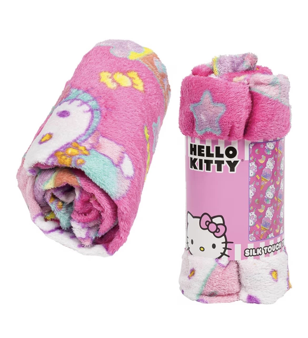 Rolled pink Hello Kitty plush blanket with a matching packaged blanket