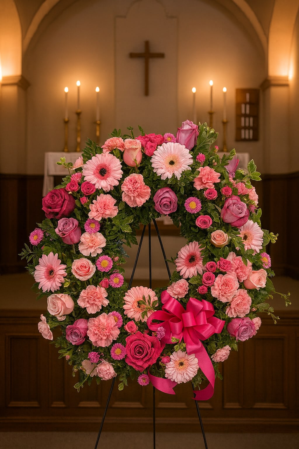Pink floral wreath on a stand with a bright ribbon bow