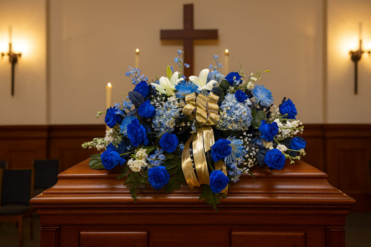 Blue and white floral spray on a casket with a gold ribbon