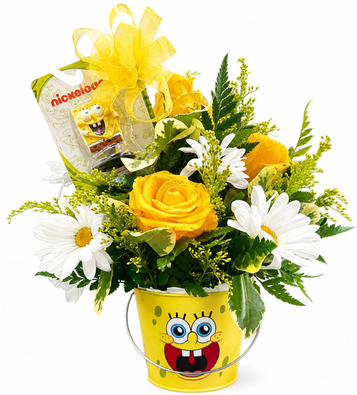 Yellow rose and white daisies in a SpongeBob bucket with a gift card