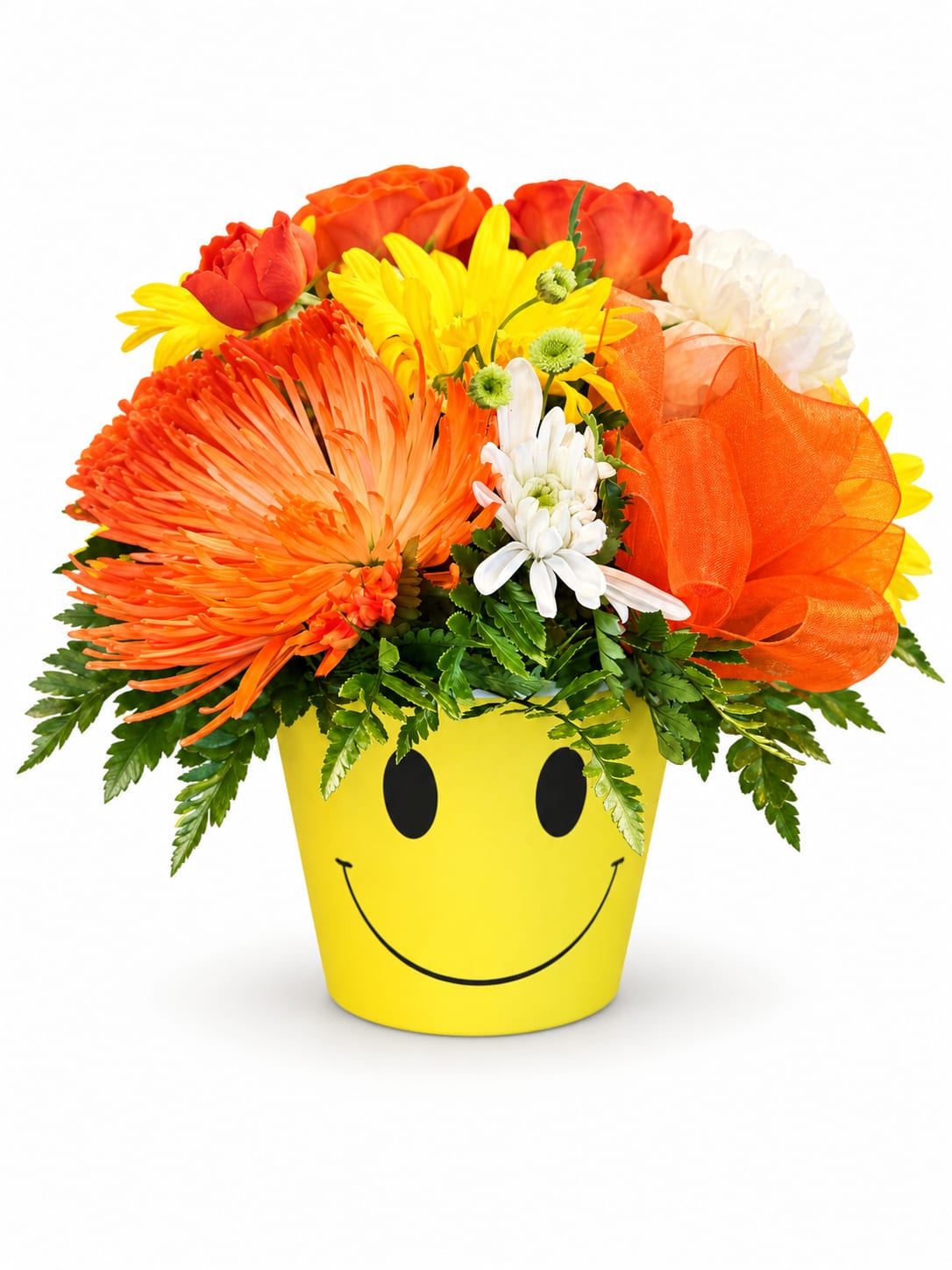 Bright mixed bouquet in a yellow smiley-face pot
