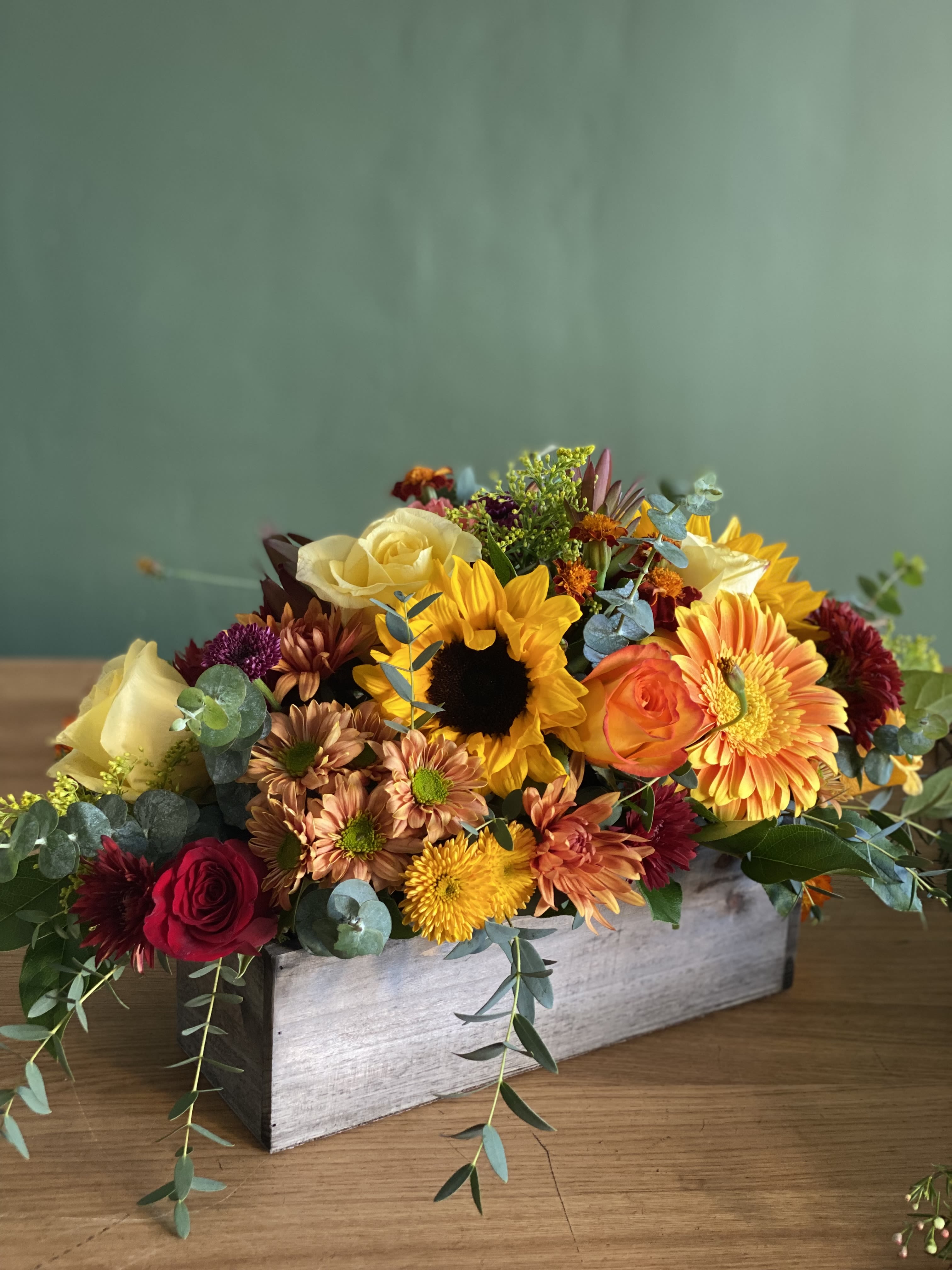 Hey Autumn  - Autumn vibe arrangement with in season blooms!   Although the actual bouquet may not precisely match the photo, its temperament will. Occasionally, substitutions of flowers or containers happen due to weather, seasonality and market conditions which may affect availability