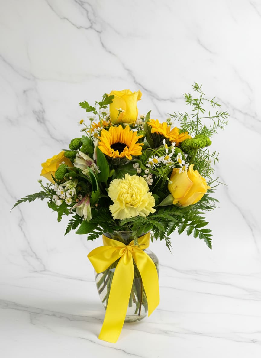 Yellow roses and mixed flowers in a glass vase with a yellow ribbon