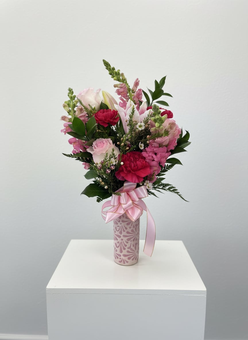 Pink and white mixed bouquet in a patterned vase with a pink ribbon