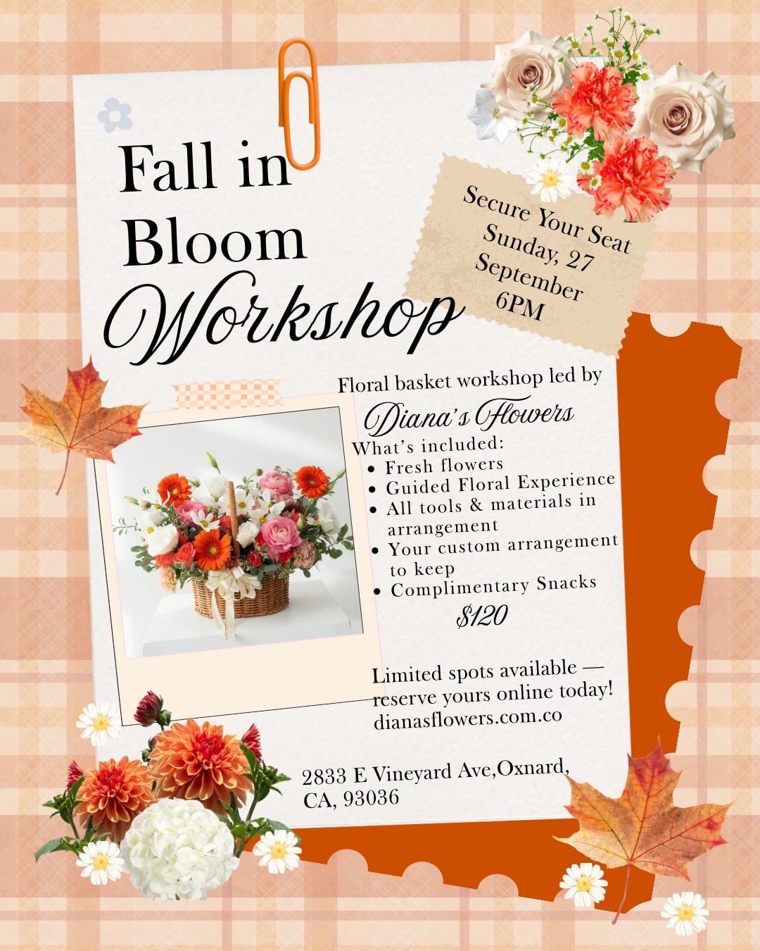 Fall floral workshop flyer with orange and cream flowers and a basket arrangement