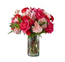 Bouquet of pink and red flowers in a clear glass vase