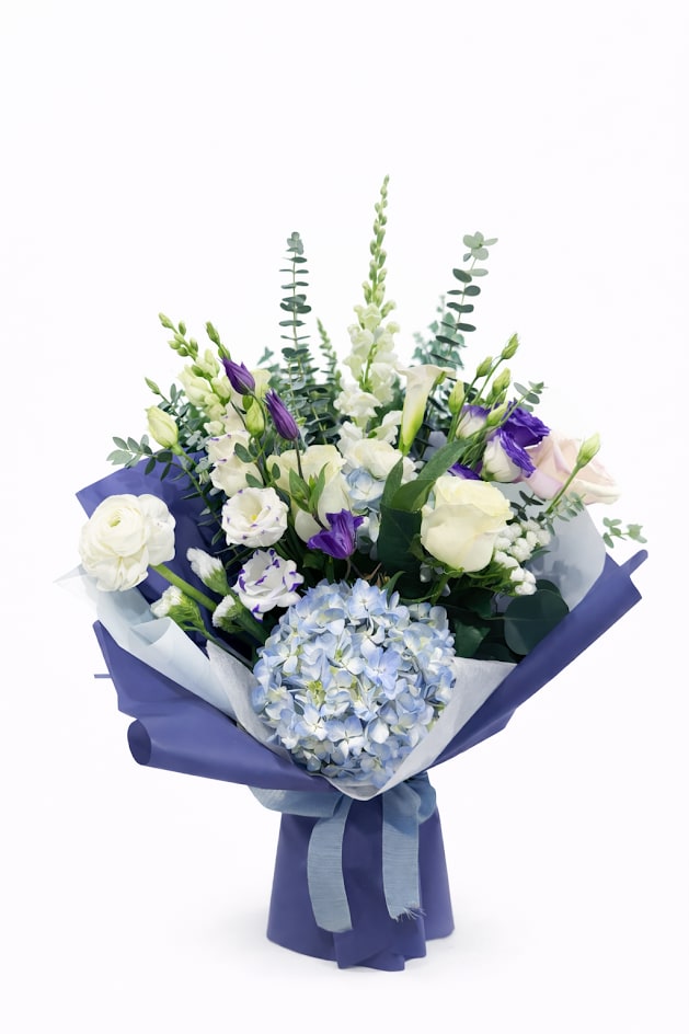 SOFT SERENITY BOUQUET - Blue Hydrangea, White roses, Ranunculus Bouquet