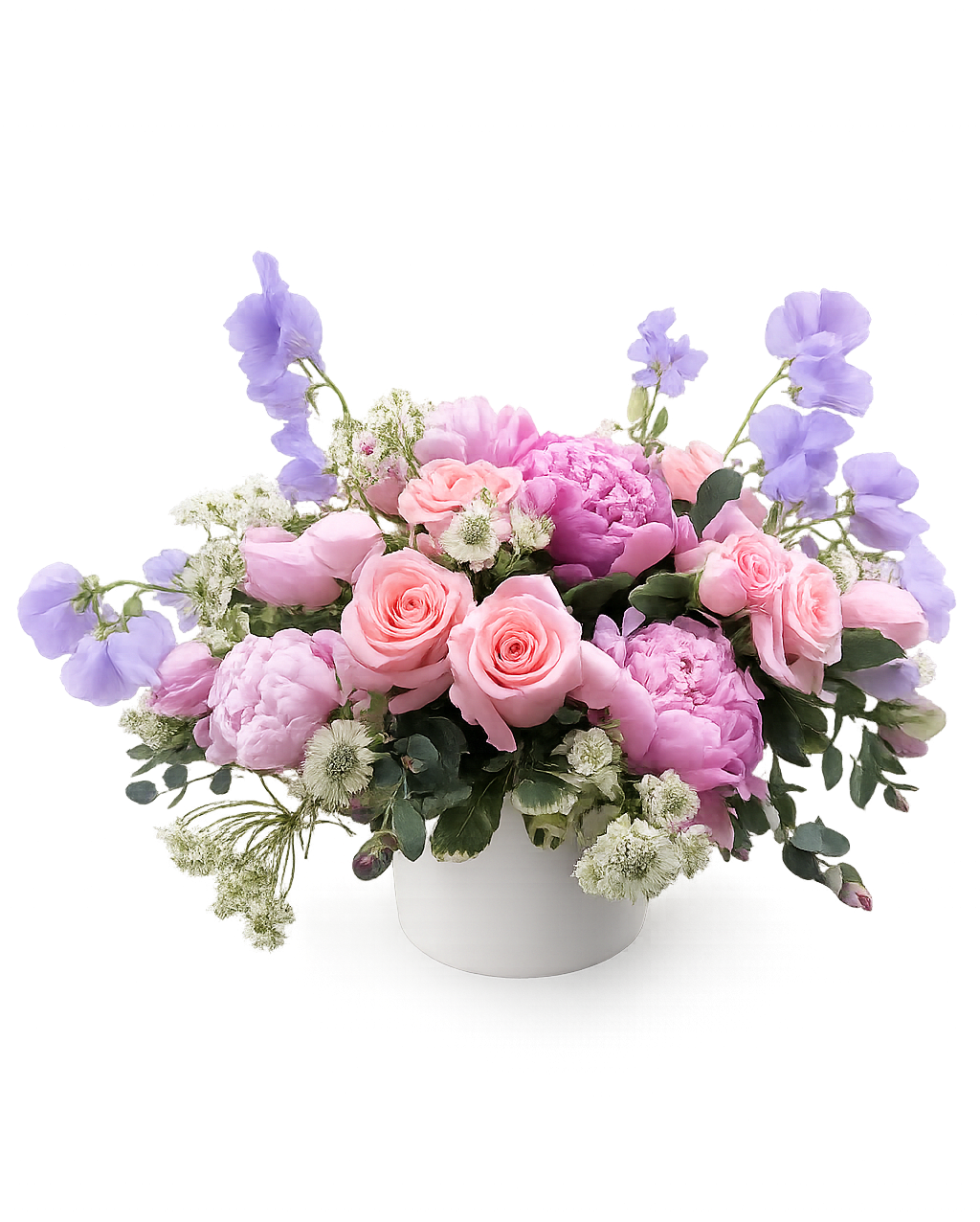 Pastel dream bouquet - Roses, Peonies, Tulips with spring flowers in a Vase Flowers that are high quality, fresh, and beautiful. While we may seasonally need to substitute for flower variety also we may sometimes need to use a different vase or different greens for sub material.