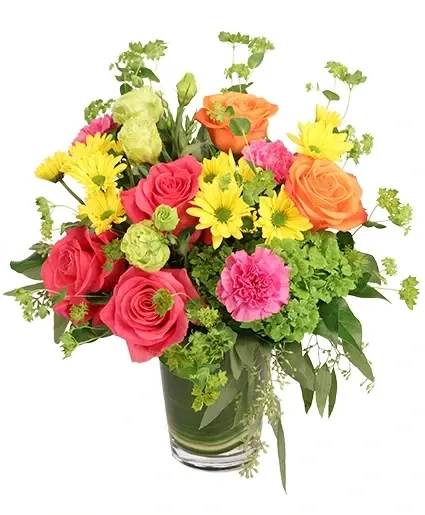 Festive Surprise Vase Arrangement - They’ll be envied by all when receiving this colorful bouquet! Featuring hot pink roses, yellow daisy poms, orange roses, green hydrangeas, and more, Festive Surprise is bursting with color and vibrancy. Make their day bright and festive with this charming bouquet!  Includes: Cut Vase , Variegated Aspidistra, Seeded Eucalyptus, Bupleurum, Salal, Moon Carnations , Green Hydrangea , Green Lisianthus, Yellow Daisy Poms, Hot Pink Roses , Orange Roses.