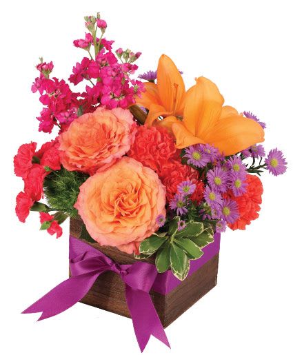 Free Spirit Lilies Flower Arrangement - These vibrant colors and cute flowers are all done up with a bow! Surprise someone with a little something special. Our Free Spirit Lilies arrangement is the perfect gift to show them some love! With Free Spirit roses, orange carnations, hot pink mini carnations, and more, this petite bundle packs a punch.  Includes: Wooden Cube, Ribbon, Greens: Pittosporum, Flowers: Green Trick, Free Spirit Rose, Orange Carnations, Purple Monte Casino, Red Violet Stock, Orange Asiatic, Hot Pink Mini Carnation.